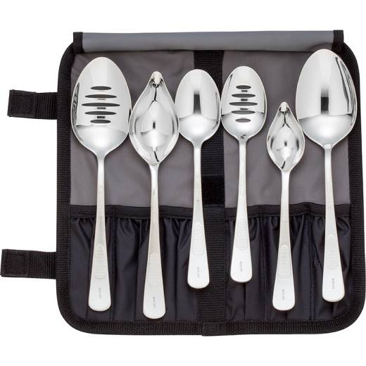 Mercer 7 Piece Plating Spoon Set (Saucier, Petite Saucier, 9in Solid, 7.9in Solid, 9in Slotted, 7.9in Slotted & Compartment Roll)