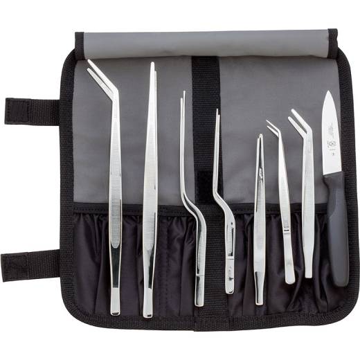 Mercer 10 Piece Precision Plating Set (9.4/6.1in Straight Tongs, 9.4/6.1in Curved Tip, 7.9/6.5in Offset, 6.1in Fine Point Curved Tip, 3in Millenia Paring Knife, Knife Guard & Compartmen